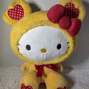 Sanrio Hello Kitty Yellow Teddy Bear Suit Costume Hearts Print 14” Plush NEW